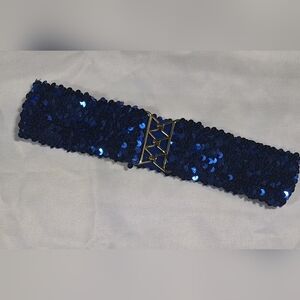 80s Blue Sequin 2-1/4" Wide Stretch Belt with Gold Buckle Vintage Sparkle So Fab